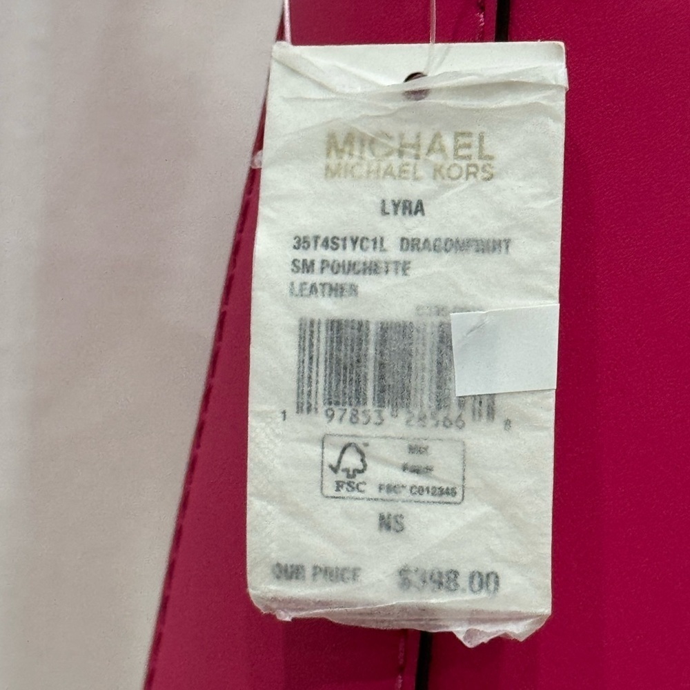 Michael Kors Lyra Small Leather Pouchette Dragonfruit Pink Silver Charm Purse - Picture 7 of 15